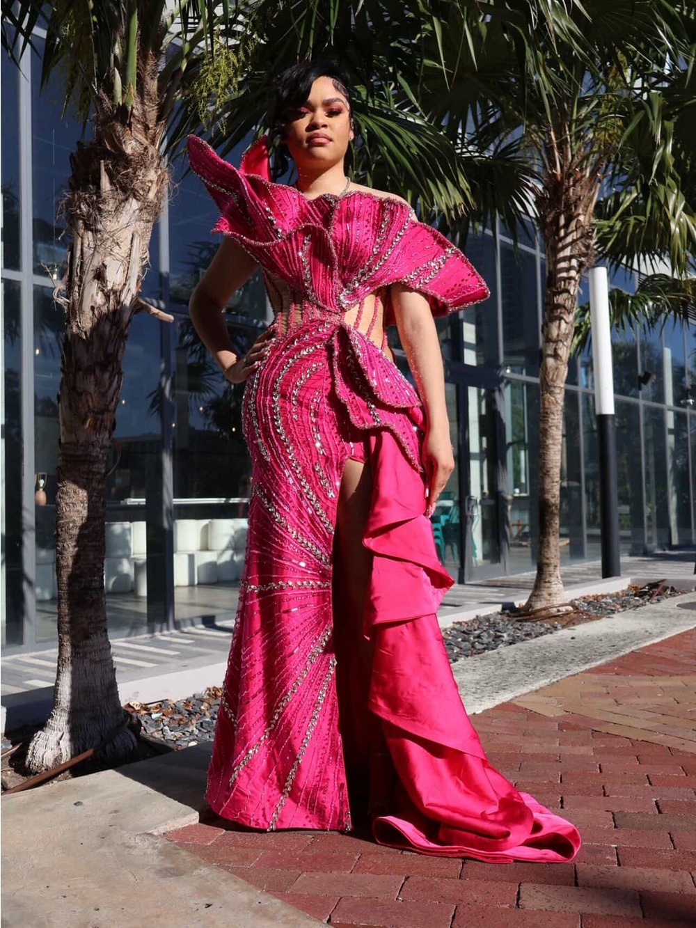 Fuchsia Sculpted Evening Gown with Beaded Accents